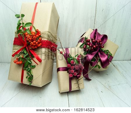Gifts On Wood Background