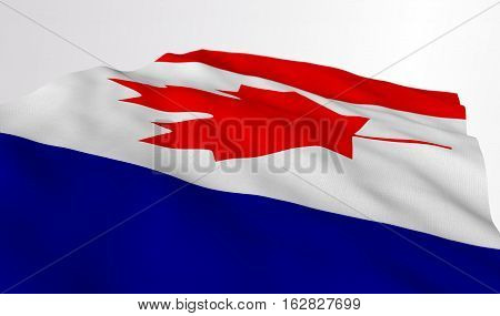 French Canadian conceptual flag on flowing in the wind close textured details over white background
