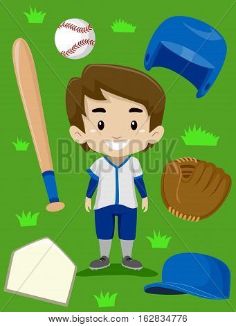 Vector Illustration of Baseball Player Boy Elements