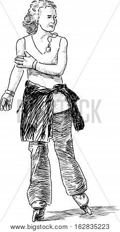 Vector sketch of a woman rides on the roller skates.