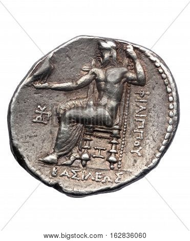Tetradrachm of Alexander the Great late fourth century BC Reverse; sculpture sitting Zeus