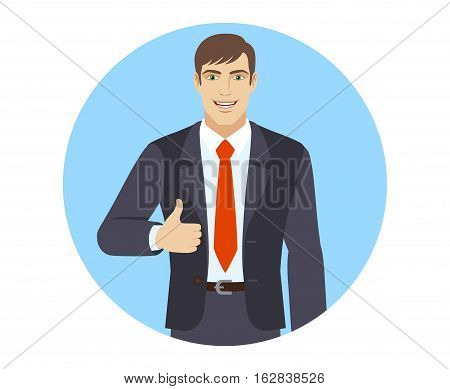 Smiling businessman shows thumb up. Portrait of businessman in a flat style. Vector illustration.