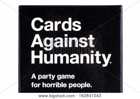 LONDON UK - OCTOBER 21ST 2016: A close-up shot of the packaging to the Cards Against Humanity party game (UK Edition) on 21st October 2016.