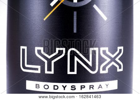 LONDON UK - OCTOBER 13TH 2016: A close-up shot of the Lynx bodyspray brand Logo on 13th October 2016. The Lynx product brand is owned and produced by the Unilever company.