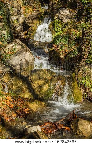 Scenic Mountain Autumn Landscape With River And   Watergfalls, Peloponnese, Greece
