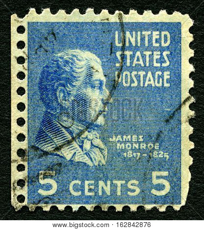 UNITED STATES OF AMERICA - 1ST MARCH 2016: A used postage stamp printed in America depicting an image of fifth President of the USA James Monroe circa 1937.