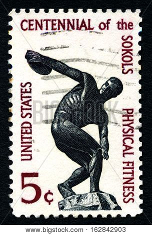 UNITED STATES OF AMERICA - 1ST MARCH 2016: A used postage stamp (circa 1965) illustrating Physcial Fitness and the 100th Anniversary of the Sokol Movement circa 1965.