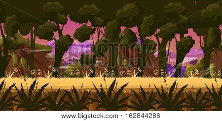 Mystery Dark Forest Background for games apps or mobile development.Cartoon nature landscape. Night forest . illustration for your design