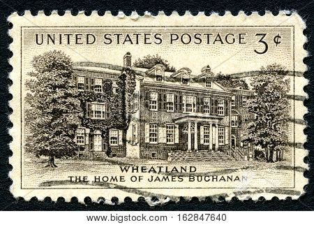 UNITED STATES OF AMERICA - CIRCA 1954: A used postage stamp from the USA depicting an illustration of the home of James Buchanan the 15th President of the United States circa 1954.
