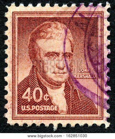 UNITED STATES OF AMERICA - CIRCA 1955: A used postage stamp from the USA depicting a portrait of judge and Chief Justice of the Supreme Court John Marshall circa 1955.