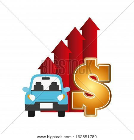 blue car vehicle and money sign with up arrows direction over white background. colorful design. vector illustration
