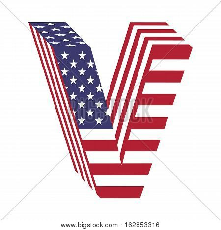 Letter V from 3d with American flag texture wrapped. Volume USA vector font