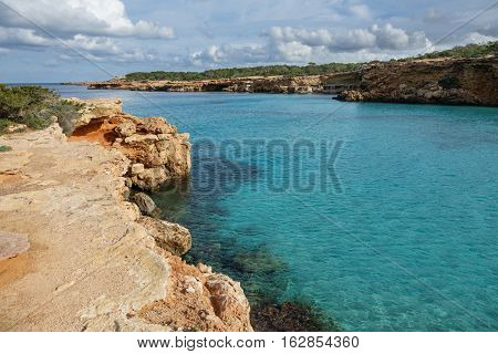 Wide angle view of Ibiza coastine, cloudy day