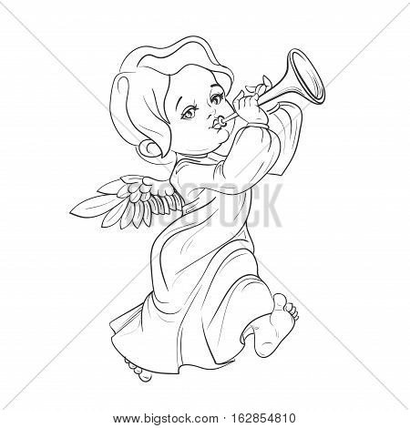 Cute smiling toddler angel making music playing trumpet. Vector illustration. Good for seasonal greeting, redwork, coloring page. Ink line work, contour