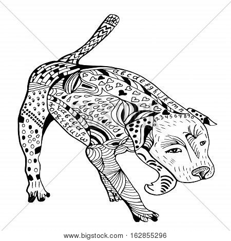 Doodle pitbull graphic with ornate pattern. Design Isolated on white.