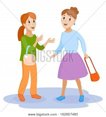 Two friendly female mature students chatting and two friends together. People young together and lifestyle adults. Beautiful characters and couple young friendly girl