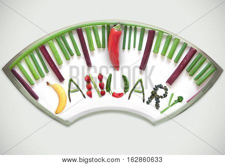 Bathroom weighing scales made of vegetables including chives betroot and pepper pointing towards january