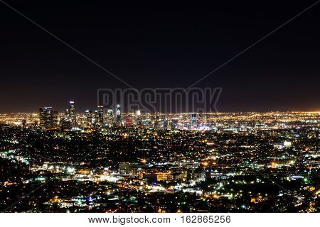 Downtown Los Angeles skyline long exposure at night