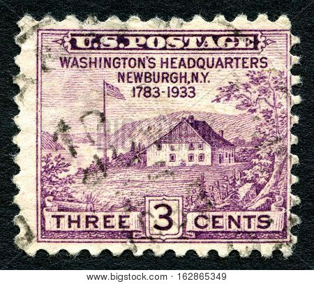 UNITED STATES OF AMERICA - CIRCA 1933: A used postage stamp from the USA depicting an illustration of General George Washingtons Headquarters in Newburgh NY circa 1933.