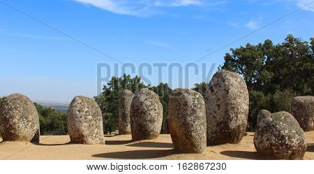 Cromlech of the Almendres megalithic complex, located near Guadalupe, in the civil parish of Nossa Senhora de Guadalupe, municipality of Évora, Portugal
