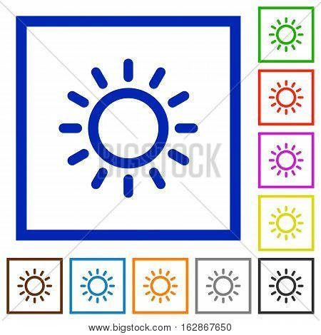 Brightness control flat color icons in square frames on white background