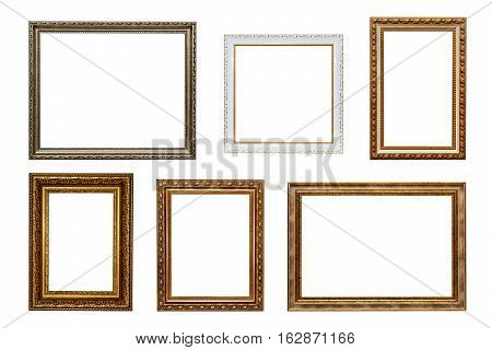 Six picture frames classical design. Isolated. White background.