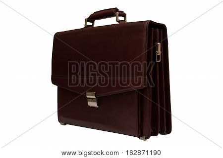 Brown leather briefcase. Isolated, white background. Bag for carrying papers.