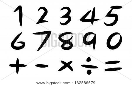 Black hand drawing number and basic math symbol on white background