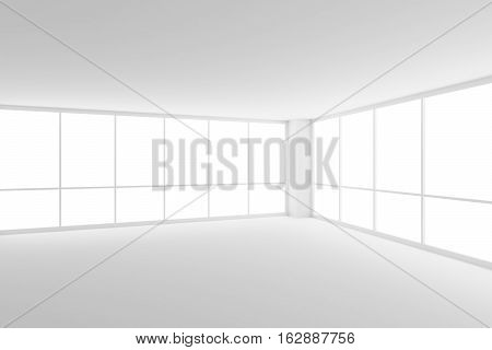 Business architecture white colorless office room interior - empty white business office room with white floor ceiling walls and two large windows in corner and empty space 3d illustration