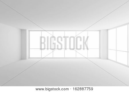 Business architecture white colorless office room interior - empty white business office room with white floor ceiling walls and two large windows and empty space 3d illustration
