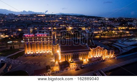 The Electricity Museum, Museum of Science and Industrial Archaeology, Lisbon at night aerial view