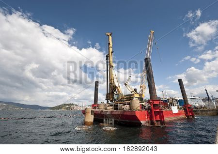 Working floating platform at Ria de Pontevedra Galicia Spain