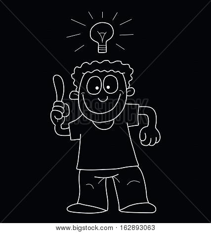 Monochrome outline cartoon man having an idea isolated on black background