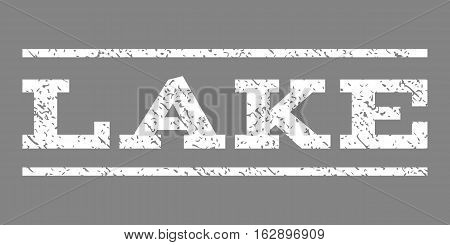 Lake watermark stamp. Text caption between horizontal parallel lines with grunge design style. Rubber seal stamp with scratched texture. Vector white color ink imprint on a gray background.