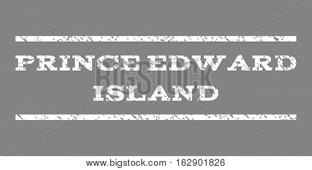 Prince Edward Island watermark stamp. Text caption between horizontal parallel lines with grunge design style. Rubber seal stamp with dust texture. Vector white color ink imprint on a gray background.