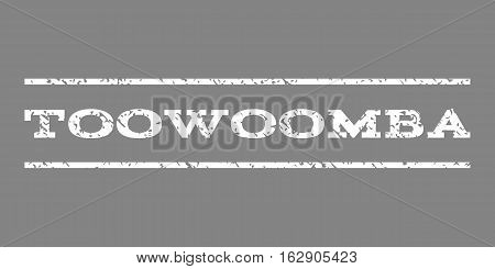 Toowoomba watermark stamp. Text tag between horizontal parallel lines with grunge design style. Rubber seal stamp with scratched texture. Vector white color ink imprint on a gray background.