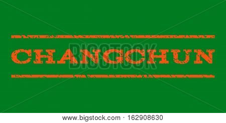 Changchun watermark stamp. Text tag between horizontal parallel lines with grunge design style. Rubber seal stamp with scratched texture. Vector orange color ink imprint on a green background.