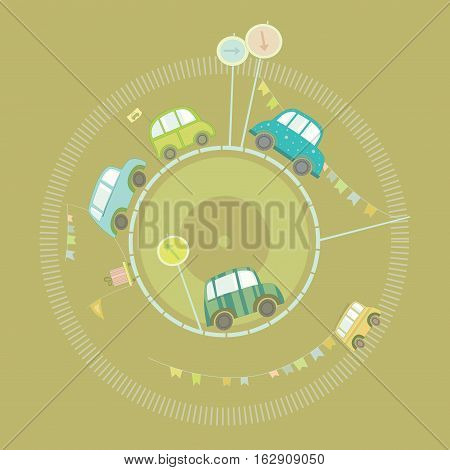 Cars go around the globe. Vector illustration.