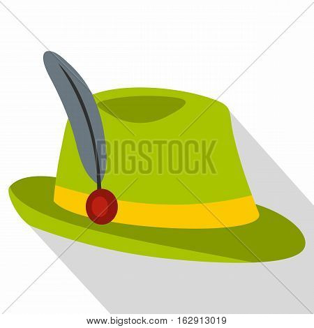 Green hat with feather icon. Flat illustration of green hat with feather vector icon for web isolated on white background