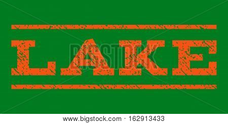 Lake watermark stamp. Text caption between horizontal parallel lines with grunge design style. Rubber seal stamp with dirty texture. Vector orange color ink imprint on a green background.