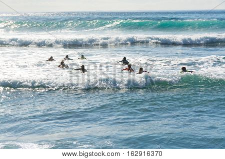Surf school - several surfboarding students headed into an ocean swell on Tenerife Spain