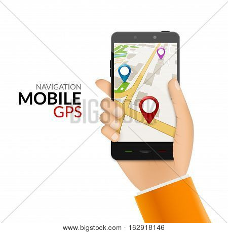 GPS phone navigation - mobile gps and tracking concept. Hand holding a mobile phone with city map.