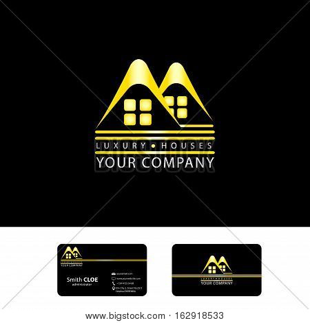 Luxury Villa Houses Logo and Business Card with Black Background, Golden Logo and Great Business Card, Eps8, Vector, Illustration