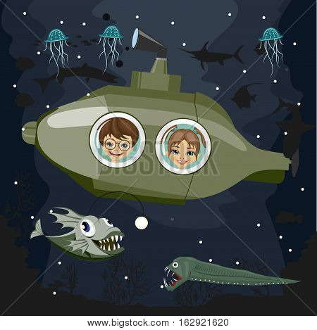 preschool kids in a semi submersible sea craf or submarine observing deep-sea predators