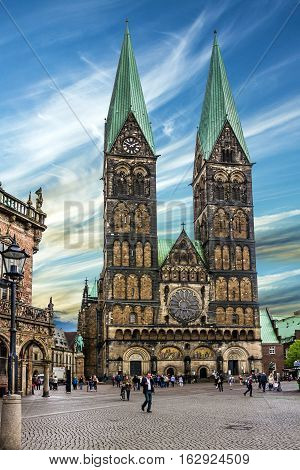 Bremen, Germany - May 3, 2016: Market square Cathedral church (Bremer Sankt Petri Dom)