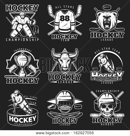 Monochrome hockey labels set isolated white on dark background with skull in helmet caman and puck vector illustration