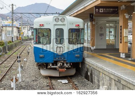 TOKYO, JAPAN - 20 NOV 2016 : Train stopped at Fujikyu Railway station.The railway system is one of the most important public transportation in Japan.
