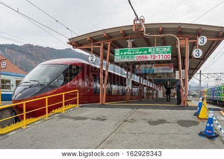 TOKYO, JAPAN - 20 NOV 2016 : Train stopped at Kawaguchiko Railway station.The railway system is one of the most important public transportation in Japan.