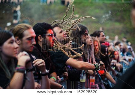 TOLMIN, SLOVENIA - JULY 25TH: HEAVY METAL FANS HEADBANGING AT THE METALDAYS FESTIVAL ON JULY 25TH, 2016 IN TOLMIN, SLOVENIA