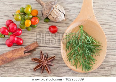 Green Herb Powder Capsules On Wooden Spoon